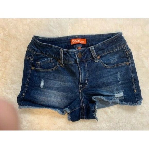 Astor Size 1 Womens Shorts Medium Wash Raw Hem Rip Torn Distress Stretch - Picture 1 of 3